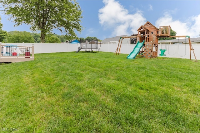 32 Par Three Dr, Follansbee, WV 26037 - fenced backyard featuring a playground and a trampoline