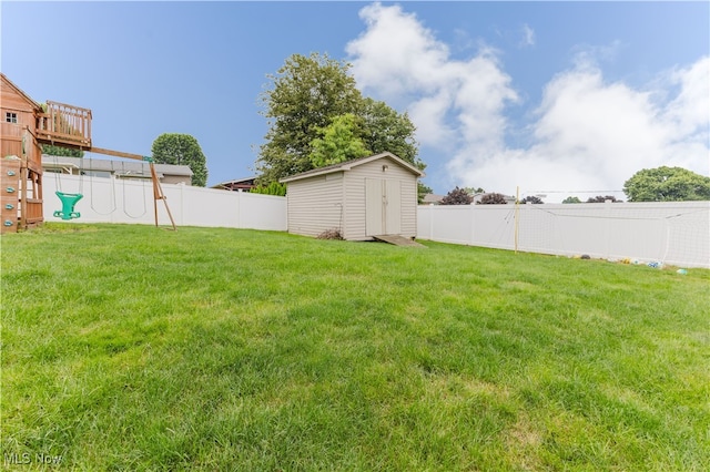 32 Par Three Dr, Follansbee, WV 26037 - fenced backyard with a playground and a shed