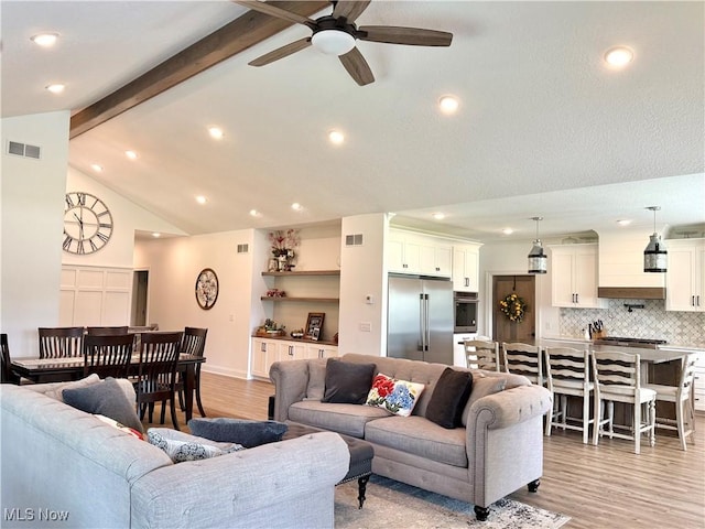 2710 E Hutton Rd, Wooster, OH 44691 - living room featuring beam ceiling, ceiling fan, light wood finished floors, recessed lighting, and high vaulted ceiling