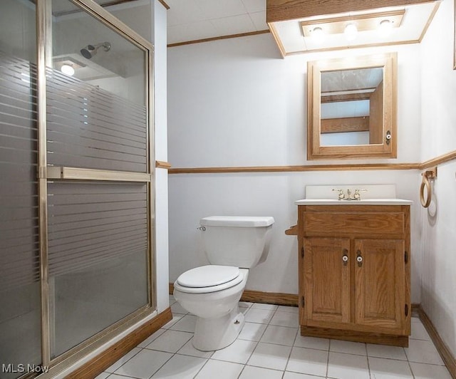 4435 W 58th St, Cleveland, OH 44144 - full bath with vanity, a shower stall, tile patterned floors, and ornamental molding