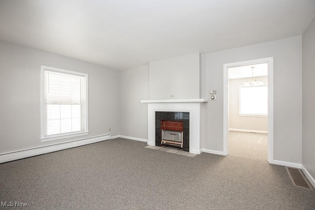 4435 W 58th St, Cleveland, OH 44144 - unfurnished living room with carpet, a baseboard radiator, a fireplace with flush hearth, and a chandelier