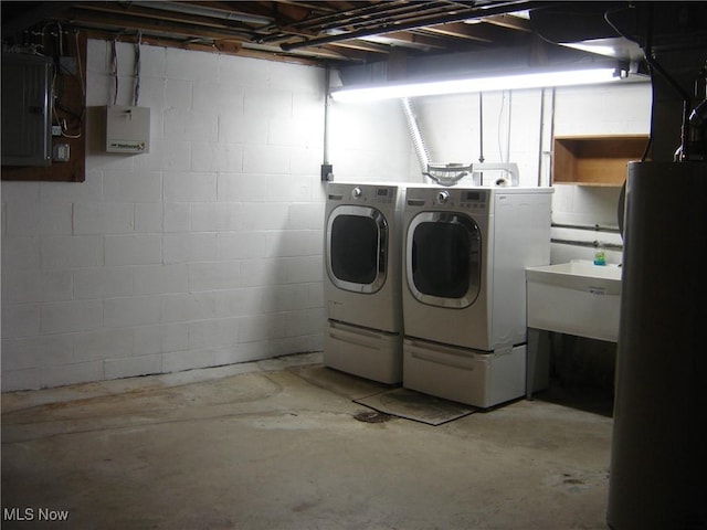 1275 NW Janet Ave, North Canton, OH 44720 - laundry room featuring washer and clothes dryer, electric panel, concrete block wall, and water heater