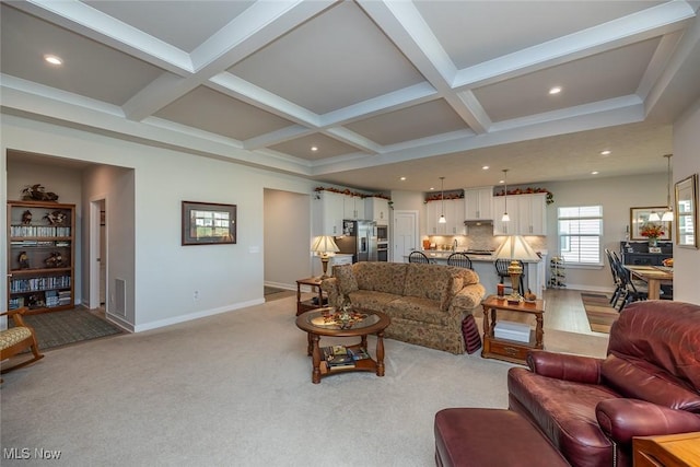 34674 N Legends Way, Grafton, OH 44044 - living room featuring coffered ceiling, beam ceiling, recessed lighting, and light colored carpet