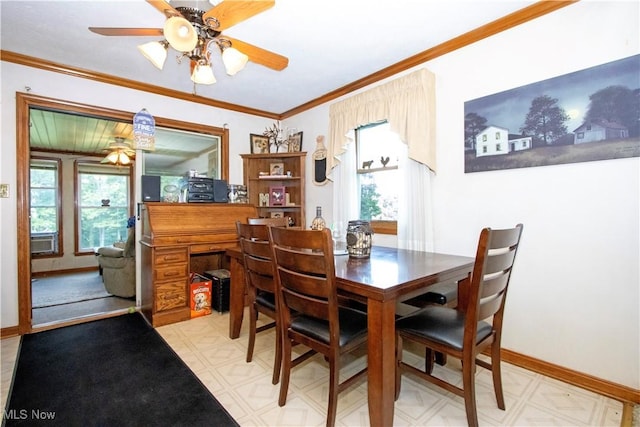 1292 Cinder Rd SE, Bergholz, OH 43908 - dining area featuring a ceiling fan, light floors, crown molding, and cooling unit