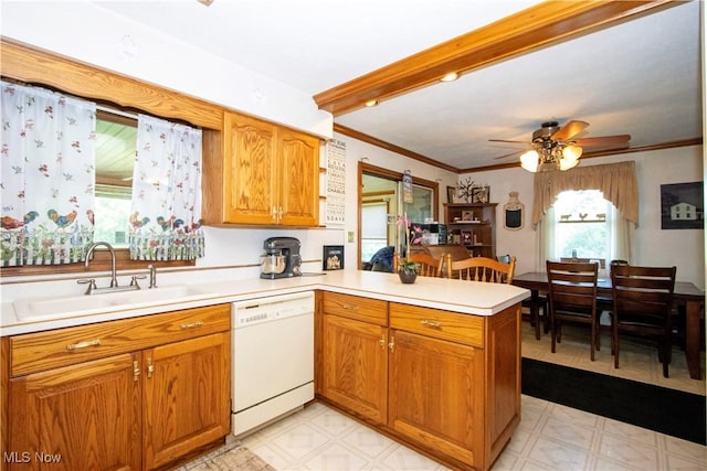 1292 Cinder Rd SE, Bergholz, OH 43908 - kitchen with white dishwasher, light flooring, a peninsula, a ceiling fan, and crown molding