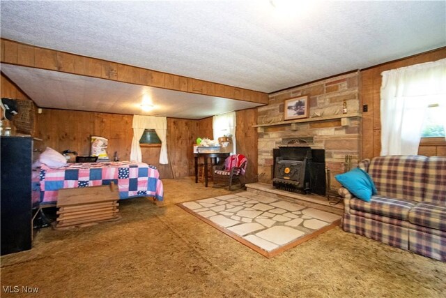 1292 Cinder Rd SE, Bergholz, OH 43908 - living room featuring wooden walls, carpet, a wood stove, and a textured ceiling