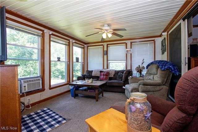 1292 Cinder Rd SE, Bergholz, OH 43908 - living room with ornamental molding, healthy amount of natural light, a ceiling fan, and carpet