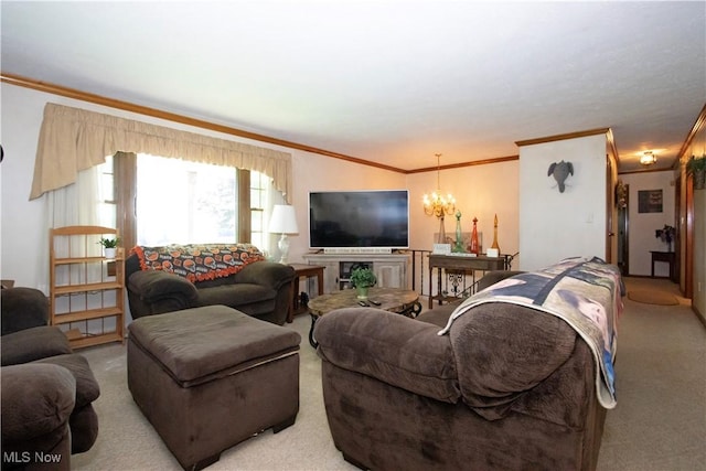 1292 Cinder Rd SE, Bergholz, OH 43908 - carpeted living room featuring ornamental molding and a chandelier