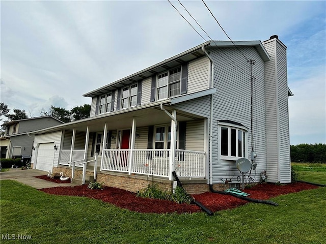 832 Meese Rd NE, Louisville, OH 44641 - view of front facade with a porch, a garage, a chimney, and a front lawn