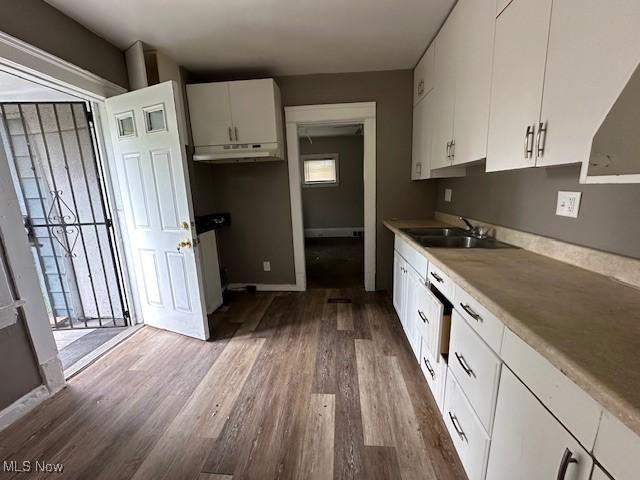 499 E 124th St, Cleveland, OH 44108 - kitchen with dark wood-type flooring, white cabinetry, light countertops, and under cabinet range hood