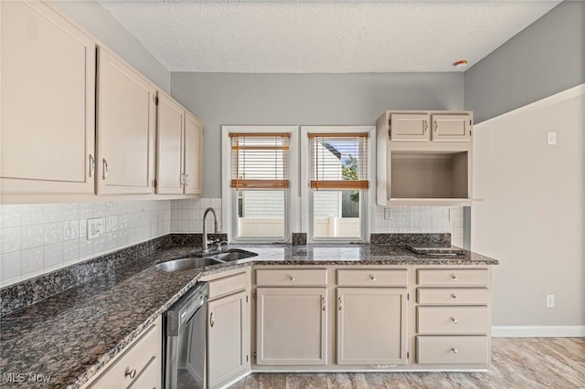 4305 W 49th St, Cleveland, OH 44144 - kitchen featuring dishwasher, dark stone counters, tasteful backsplash, and a textured ceiling