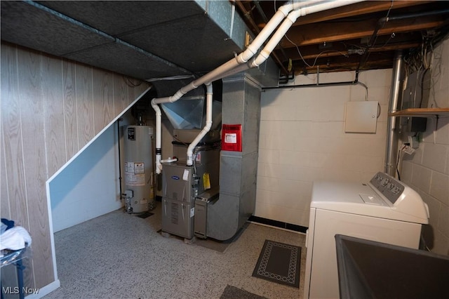 1074 S Meridian Rd, Austintown, OH 44509 - below grade area with water heater, separate washer and dryer, heating unit, and concrete block wall