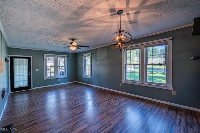 4412 14th Ave, Parkersburg, WV 26101 - empty room featuring a textured ceiling, crown molding, wood finished floors, a chandelier, and ceiling fan