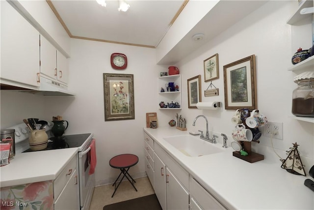 20312 Lorain Rd Unit 314, Fairview Park, OH 44126 - kitchen featuring white electric range oven, under cabinet range hood, light countertops, and white cabinets