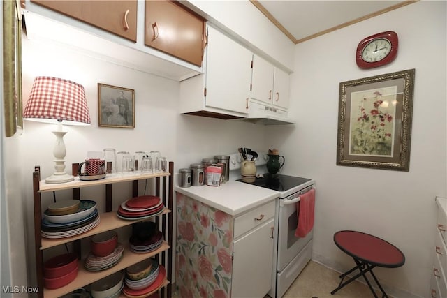 20312 Lorain Rd Unit 314, Fairview Park, OH 44126 - kitchen with white electric range oven, under cabinet range hood, crown molding, light countertops, and white cabinets