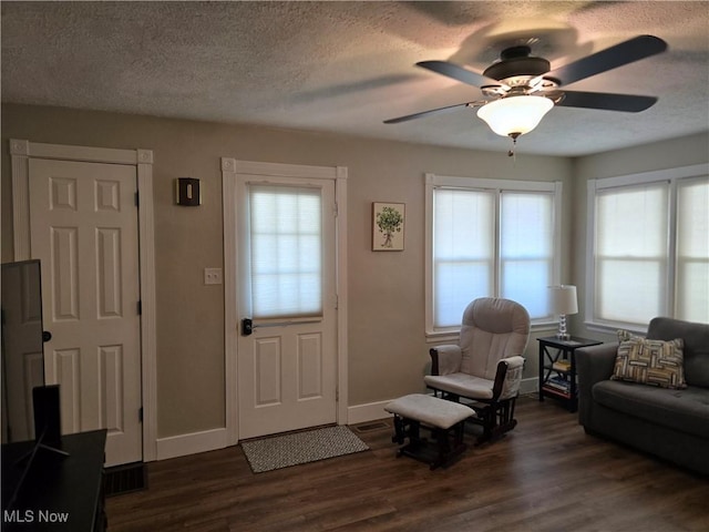 119 E 6th St, Williamstown, WV 26187 - living area with plenty of natural light, dark wood-style floors, a textured ceiling, and a ceiling fan