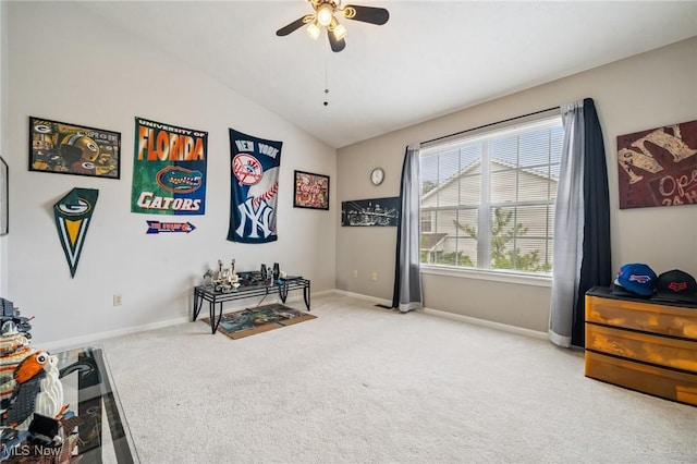 1653 Maple View Ct, Streetsboro, OH 44241 - living area with carpet floors, a ceiling fan, and vaulted ceiling
