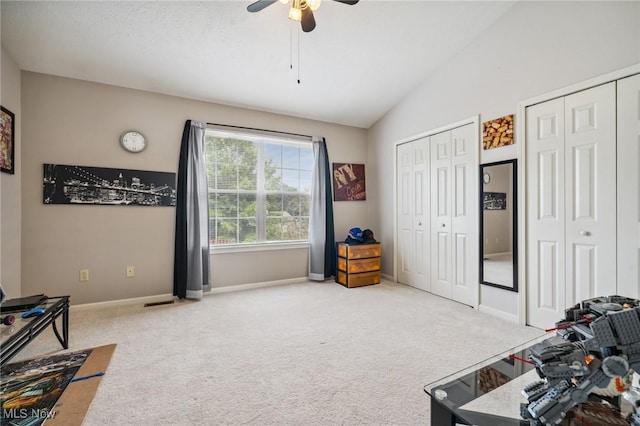 1653 Maple View Ct, Streetsboro, OH 44241 - living area featuring carpet flooring, a ceiling fan, and lofted ceiling