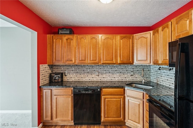 1653 Maple View Ct, Streetsboro, OH 44241 - kitchen with black appliances, dark stone counters, backsplash, a textured ceiling, and brown cabinetry