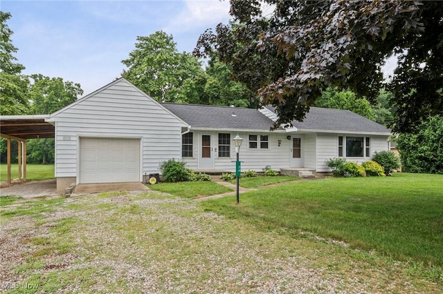 34 Prospect St, Seville, OH 44273 - single story home with driveway, a front lawn, a garage, and a carport