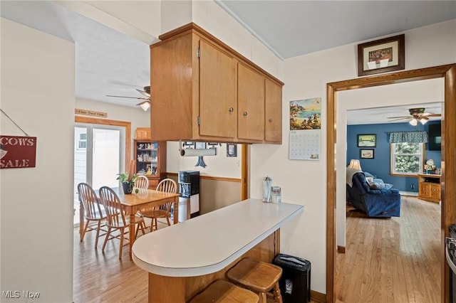 34 Prospect St, Seville, OH 44273 - kitchen featuring a ceiling fan, light wood-type flooring, a peninsula, and light countertops