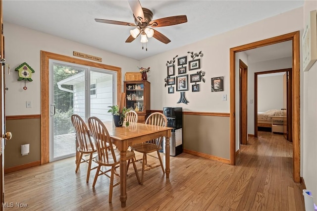 34 Prospect St, Seville, OH 44273 - dining area featuring a ceiling fan and light wood-type flooring