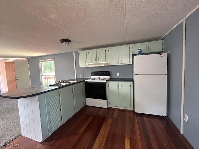 152 N Main St Unit 2, New London, OH 44851 - kitchen featuring white appliances, under cabinet range hood, a peninsula, dark wood-style floors, and dark countertops