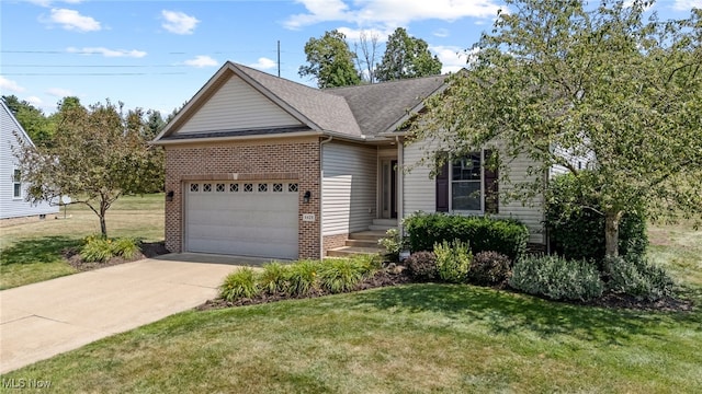 4428 Trail Head Cir NW, Massillon, OH 44647 - ranch-style house featuring a garage, brick siding, driveway, a front yard, and roof with shingles