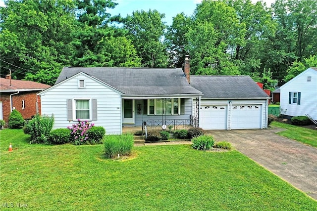 131 Euclid Blvd, Youngstown, OH 44505 - view of front facade featuring covered porch, driveway, an attached garage, a front yard, and a chimney