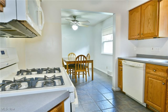 131 Euclid Blvd, Youngstown, OH 44505 - kitchen with white appliances, brown cabinetry, a ceiling fan, and dark tile patterned flooring