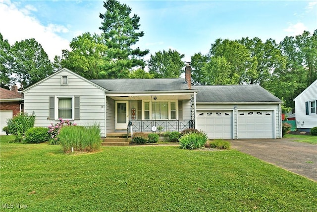 131 Euclid Blvd, Youngstown, OH 44505 - ranch-style house featuring covered porch, asphalt driveway, an attached garage, a chimney, and a front lawn