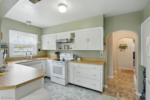 1624 Krumroy Rd, Akron, OH 44306 - kitchen featuring electric range, ventilation hood, arched walkways, open shelves, and white cabinetry
