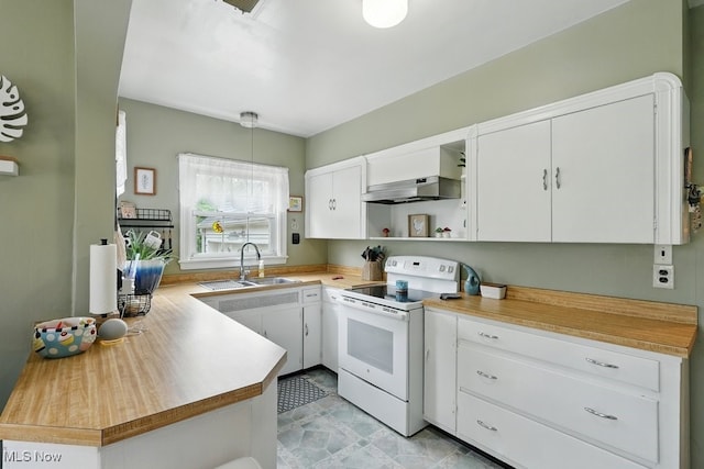 1624 Krumroy Rd, Akron, OH 44306 - kitchen with white electric stove, open shelves, white cabinets, and light countertops