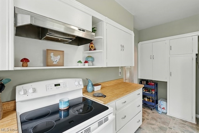 1624 Krumroy Rd, Akron, OH 44306 - kitchen featuring white electric range, open shelves, range hood, light countertops, and white cabinets