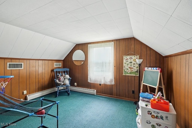 1624 Krumroy Rd, Akron, OH 44306 - unfurnished room with carpet floors, vaulted ceiling, wooden walls, and a baseboard radiator
