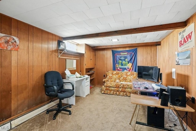 1624 Krumroy Rd, Akron, OH 44306 - office featuring wooden walls, light carpet, and beamed ceiling