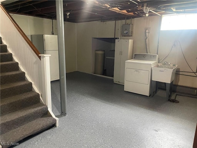 1624 Krumroy Rd, Akron, OH 44306 - below grade area featuring washer / clothes dryer, stairs, freestanding refrigerator, and electric panel