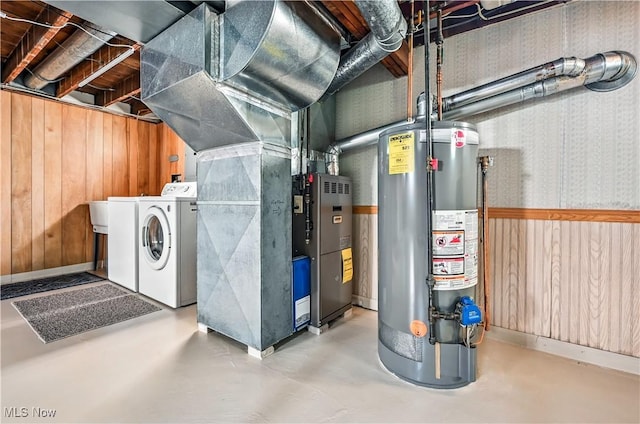 474 W 4th St, Salem, OH 44460 - unfinished below grade area with water heater, separate washer and dryer, wooden walls, and wallpapered walls