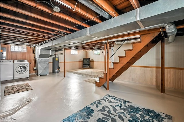 474 W 4th St, Salem, OH 44460 - basement featuring washing machine and dryer, gas water heater, heating unit, stairs, and electric panel