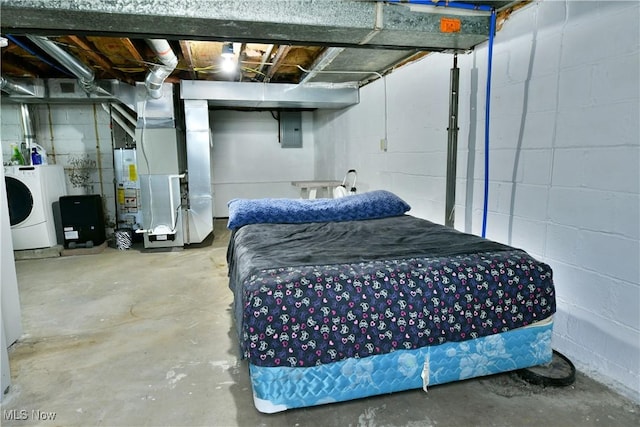 364 Meadowbrook Ave SE, Warren, OH 44483 - unfinished basement featuring washer / clothes dryer, electric panel, heating unit, water heater, and concrete block wall