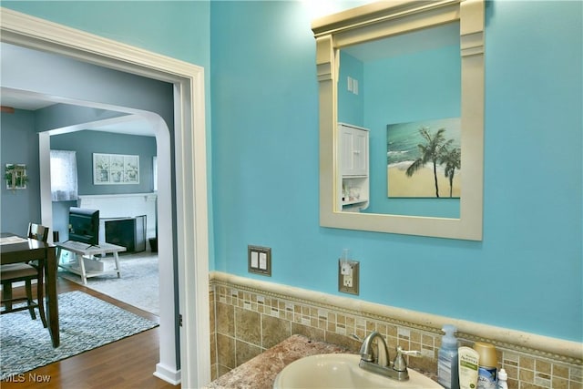 364 Meadowbrook Ave SE, Warren, OH 44483 - bathroom featuring wood finished floors, a fireplace, vanity, and a wainscoted wall