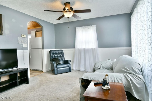 33 Mcdonald Ave, Niles, OH 44446 - carpeted living room featuring ceiling fan, arched walkways, wainscoting, and a textured ceiling
