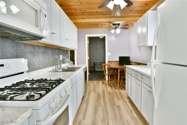 33 Mcdonald Ave, Niles, OH 44446 - kitchen with white appliances, ceiling fan, light wood-type flooring, wood ceiling, and white cabinets
