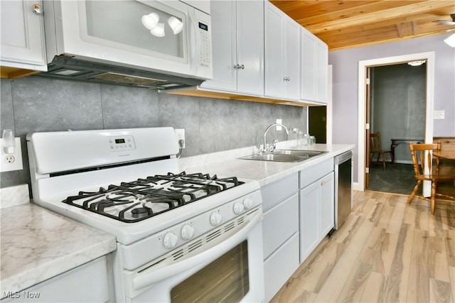 33 Mcdonald Ave, Niles, OH 44446 - kitchen featuring white appliances, wooden ceiling, white cabinetry, light wood-style flooring, and backsplash