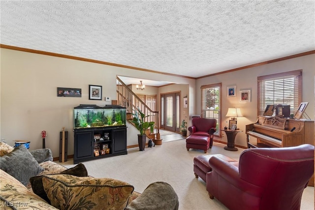 2785 Chalford Cir NW, North Canton, OH 44720 - living room featuring stairs, carpet floors, crown molding, and a textured ceiling