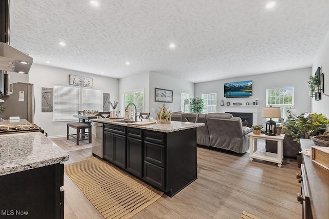 2014 Sugar Maple Dr, Kent, OH 44240 - kitchen featuring appliances with stainless steel finishes, dark cabinets, a textured ceiling, plenty of natural light, and a kitchen island with sink