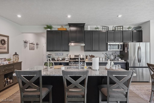 2014 Sugar Maple Dr, Kent, OH 44240 - kitchen featuring appliances with stainless steel finishes, under cabinet range hood, a center island with sink, light wood-type flooring, and a breakfast bar