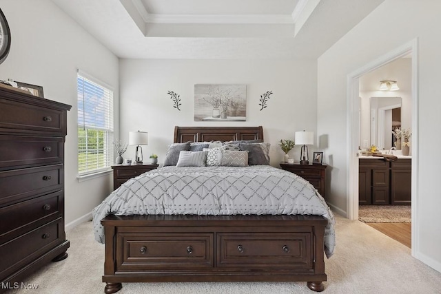 2014 Sugar Maple Dr, Kent, OH 44240 - bedroom with light carpet, a tray ceiling, crown molding, and ensuite bath