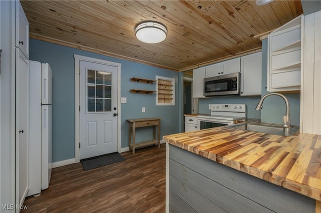 188 Stratford Ave, Wadsworth, OH 44281 - kitchen with white appliances, open shelves, wooden ceiling, wooden counters, and dark wood finished floors