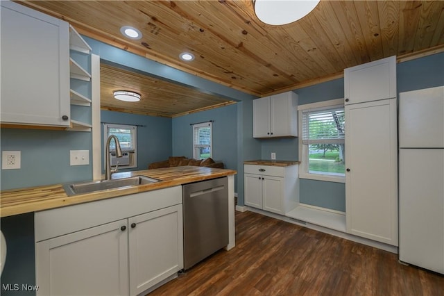 188 Stratford Ave, Wadsworth, OH 44281 - kitchen with freestanding refrigerator, dishwasher, butcher block counters, wood ceiling, and open shelves